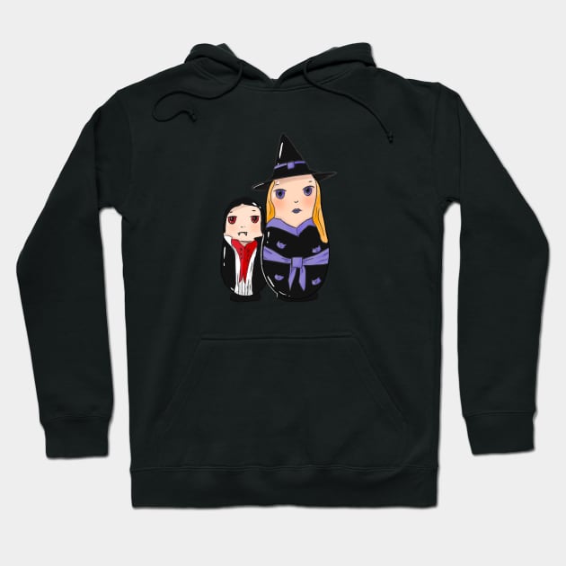 Witch and Vampire Russian Dolls Halloween Hoodie by Rice Paste